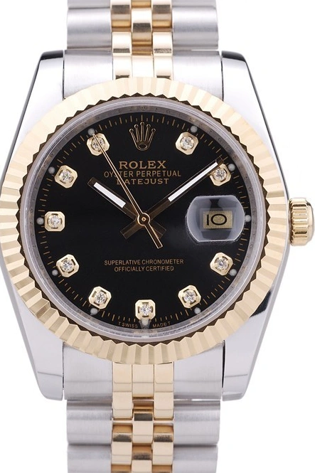 AAA Replica Watches Rolex Datejust Black Diamonds Dial Bezel Ribbed 7453 1013
